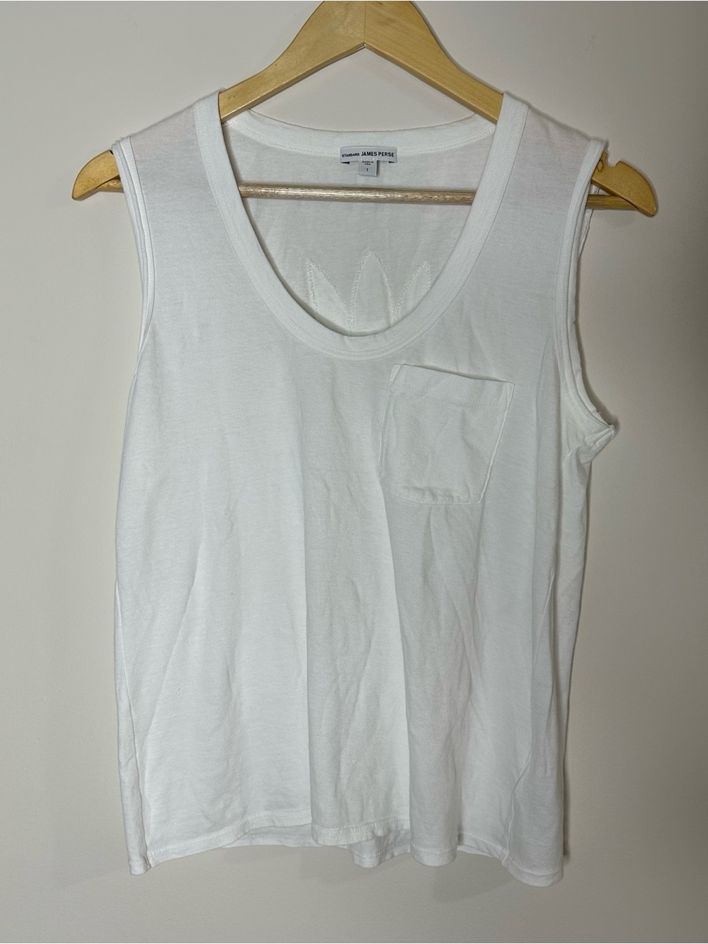 James Perse Womens White Embroidered  tee Tank Top With pocket Sz 1